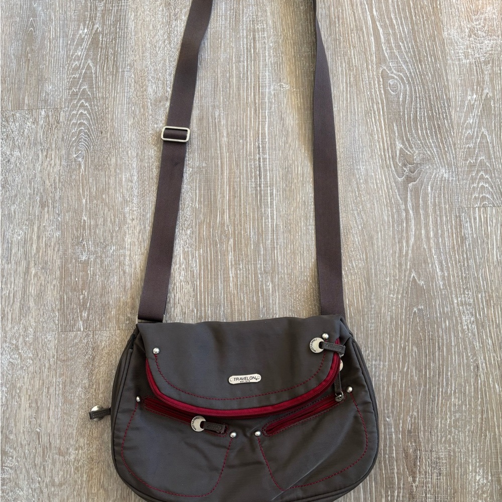 Travelon Gray Crossbody Messenger Bag with Red Accent
